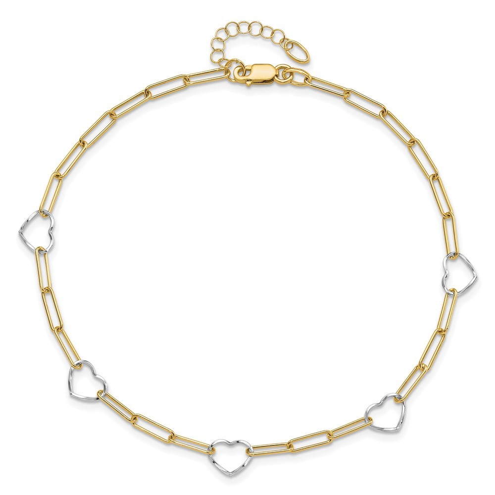 14K Two-tone Paperclip Link Heart Charm 9" + 1" ext. Summer Fine Jewelry Anklet - Picture 4 of 7